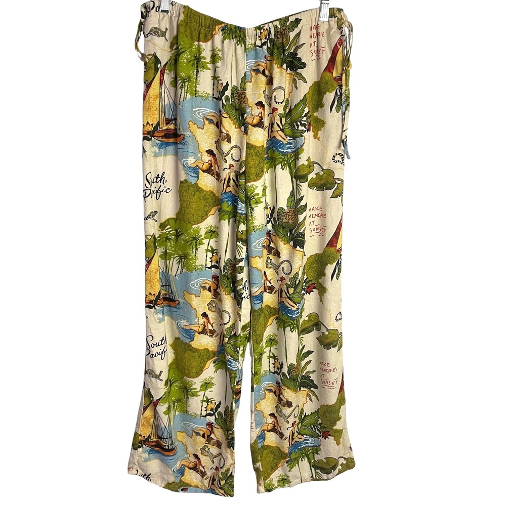 Rachel Zoe Womens Linen Blend Wide Leg Pants Size M South Pacific Map Print